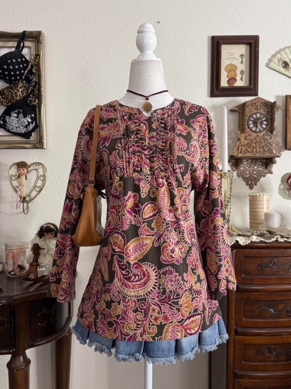 Fairy grunge boho whimsical paisley floral 3/4 sleeve top